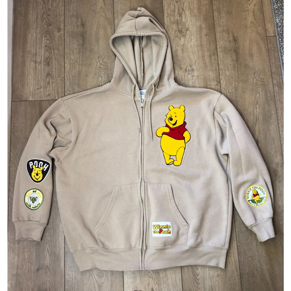 Disney Tops - Disney Winnie The‎ Pooh Full Zip Sweatshirt Hoodie Beige XXL Patches EUC